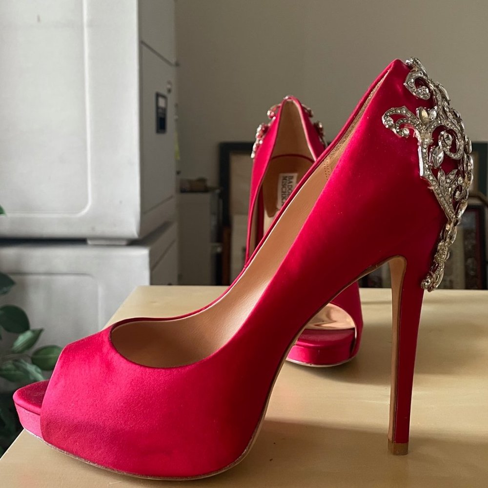 BADGLEY MISCHKA Karolina Red Satin Pumps Crystal Embellishment Platform Heels